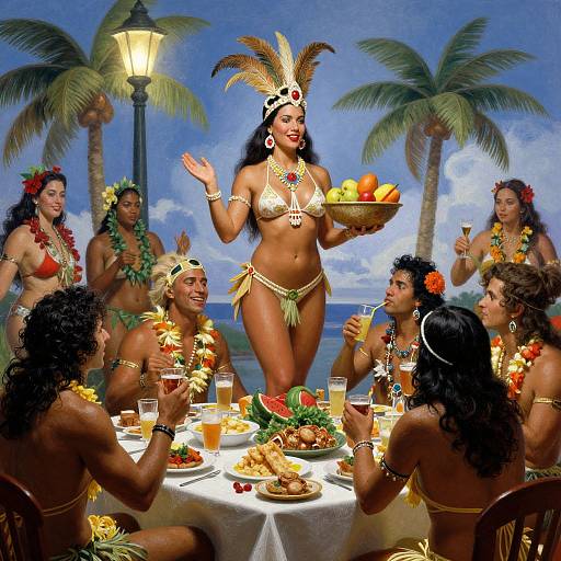 Photograph of a Polynesian-themed dinner party with seven women in colorful floral and gold accessories, tropical background, palm trees, and a central dancer