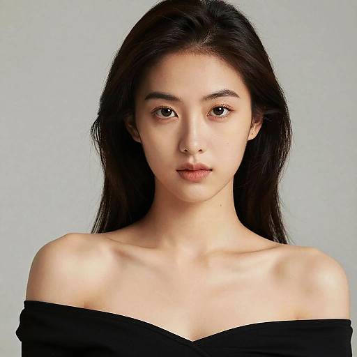 Photograph of an Asian woman with long black hair, fair skin, and brown eyes, wearing an off-shoulder black top, against a plain