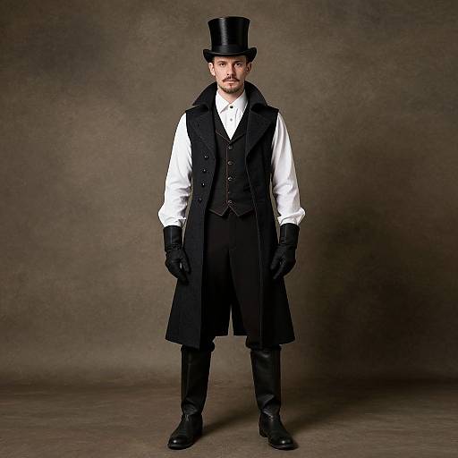 Photograph of a man with a mustache, wearing a black top hat, white shirt, black vest, long black coat, and gloves, standing