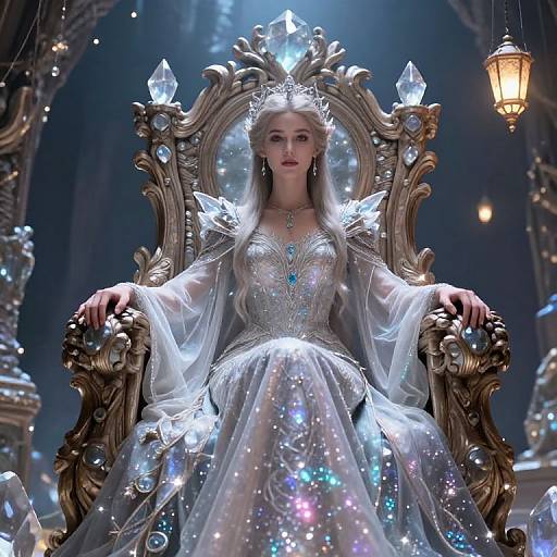 Digital artwork of a fair-skinned, regal woman with long silver hair, wearing a sparkling, crystal-embellished gown and crown, seated