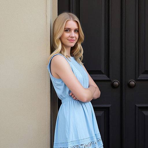 Photograph of a blonde woman with wavy hair, wearing a sleeveless light blue dress, standing with arms crossed, leaning against a beige wall,