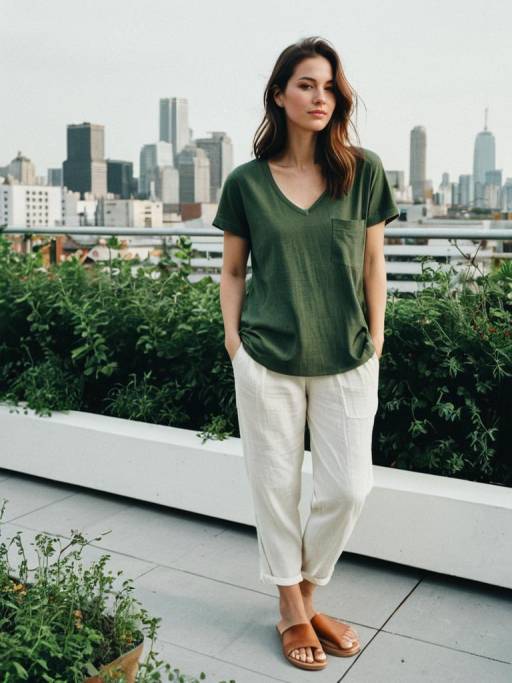 Woman in Casual Outfit on Rooftop Garden