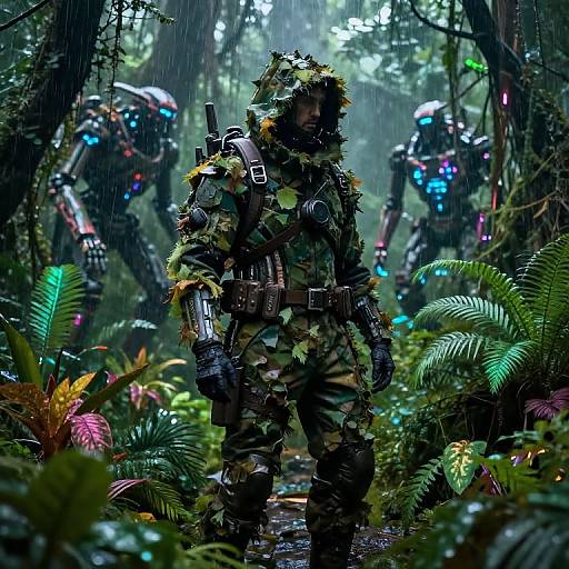 Photograph-style CGI of soldiers in camouflage uniforms with foliage, holding guns, standing in a rain-soaked, dense jungle with glowing blue lights in the