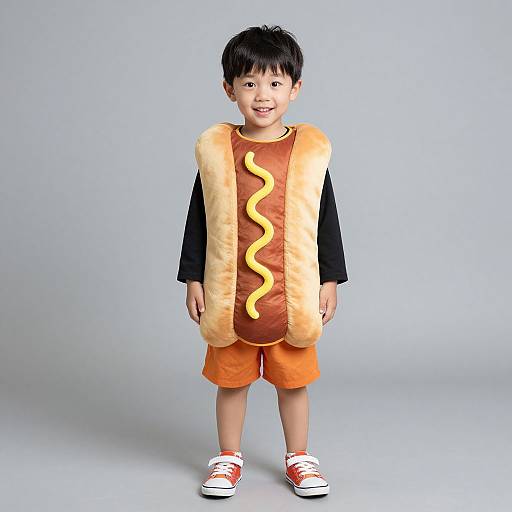 Photograph of a smiling young boy with short black hair, wearing a hot dog onesie with yellow mustard, black long-sleeve shirt, orange