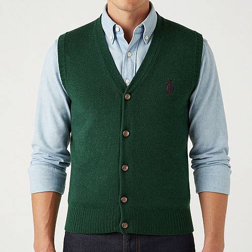 Photograph of a man from the neck down, wearing a dark green knit vest over a light blue button-up shirt, with dark pants, against a