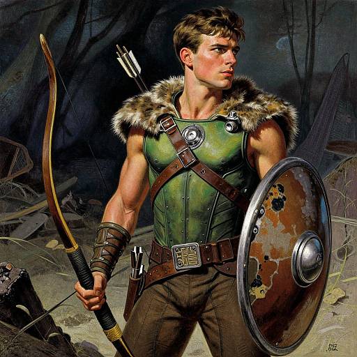 Digital illustration of a muscular, young male archer in green armor with fur trim, holding a bow and shield, standing in a dark forest.