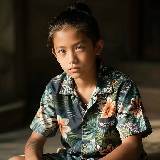 Photograph of a young Asian girl with dark hair in a floral shirt, sitting in dim light, looking directly at the camera.