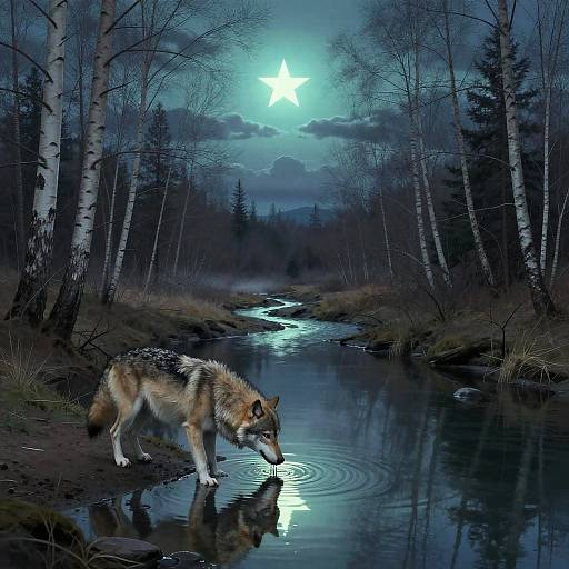Digital painting of a wolf drinking from a moonlit stream, surrounded by bare birch trees, with a glowing white star above the moon in the night