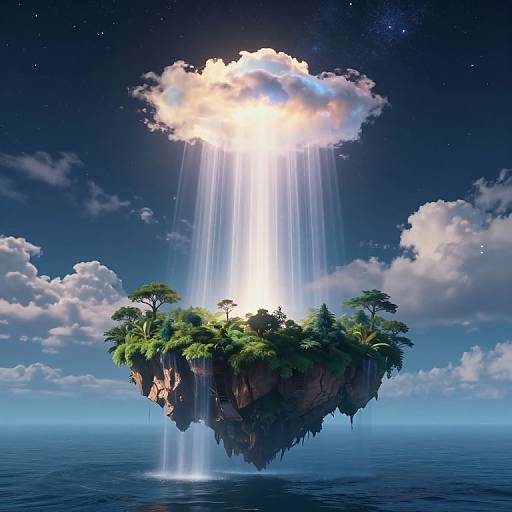 Fantastical digital artwork of a floating island with lush trees, illuminated by radiant sunlight from a cloud above, with cascading waterfalls into a calm