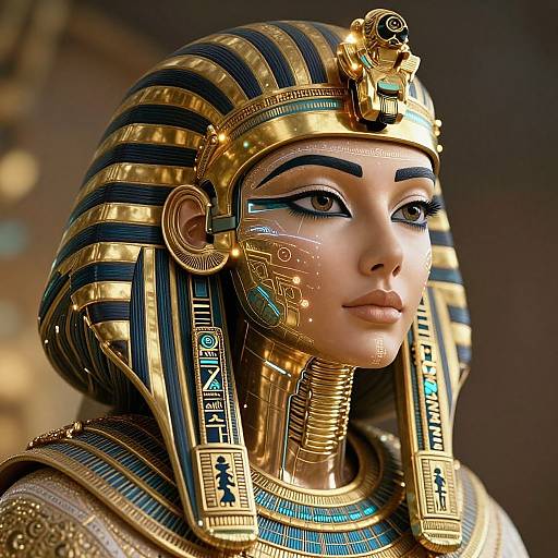 Digital artwork of an Egyptian queen with golden headdress, blue and black stripes, detailed face paint, and intricate jewelry, looking forward.