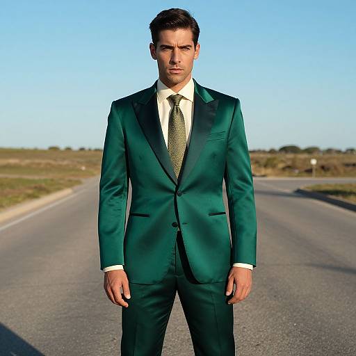 Photograph of a serious-looking man in a dark green suit, white shirt, and patterned tie standing on an empty, sunlit road.