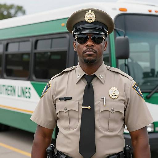 Black Police Officer in Uniform with Bus Background