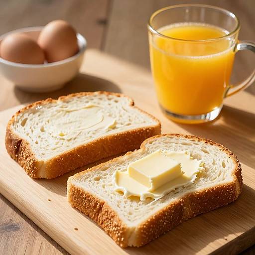 Photograph of two toasted bread slices with butter, orange juice in a glass, and brown eggs in a white bowl on a wooden surface.