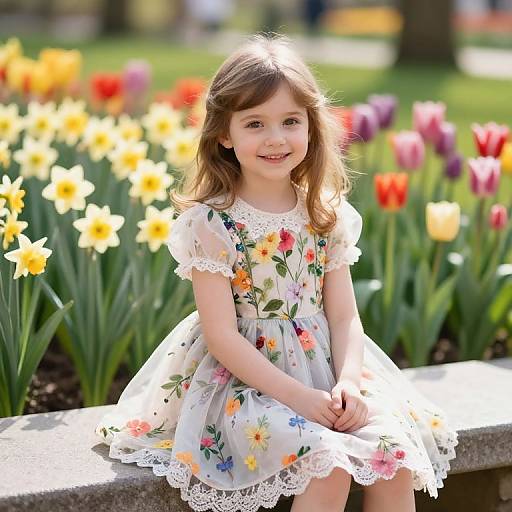 Photograph of a smiling young girl with light brown hair, wearing a white floral dress with lace trim, sitting on a stone bench in a sunlit