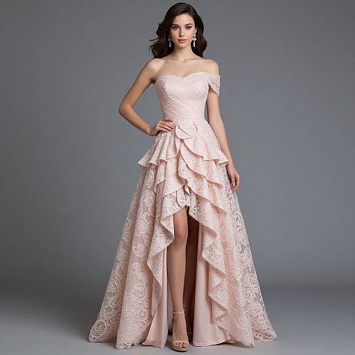 Photograph of a dark-haired woman in an off-shoulder, pink, lace-embellished, multi-tiered gown with a thigh-high