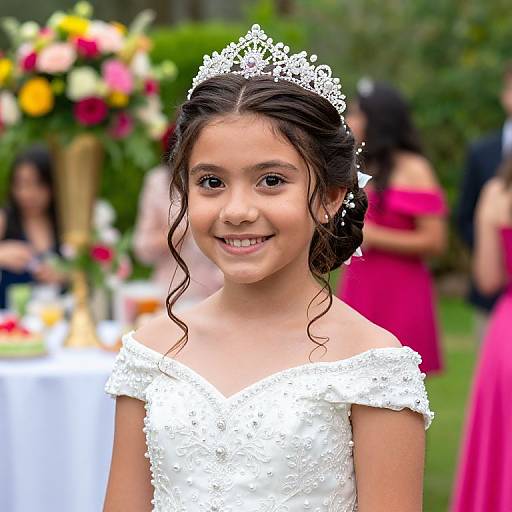 Young girl in white lace off-shoulder dress and sparkling tiara, smiling, with curly brown hair, at outdoor wedding with blurred floral arrangements and