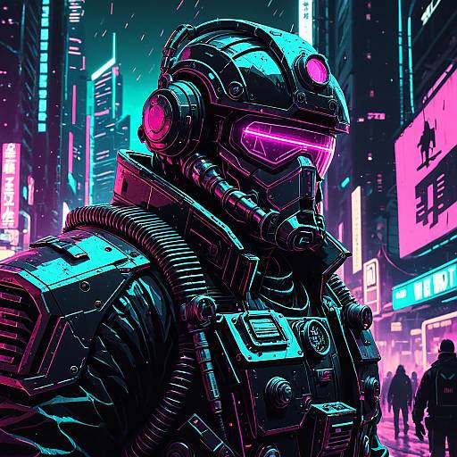 Cyberpunk Mech Pilot in Neon Cityscape