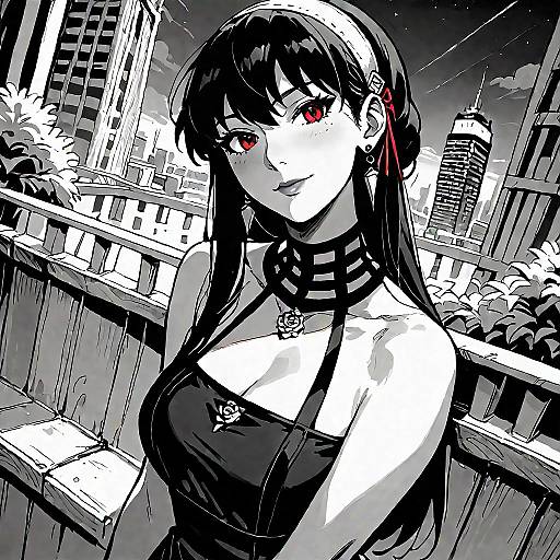 Black-haired anime woman with red eyes, large breasts, black choker, and sleeveless top, stands in a gritty, black-and-white urban city