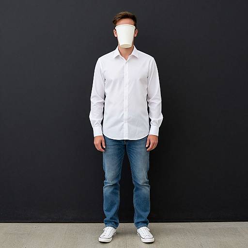 Photograph of a man with a white face, wearing a white shirt, blue jeans, and white sneakers, standing against a black background.