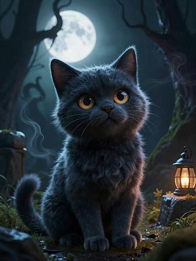 Spooky Stylized Cat in Haunted Forest