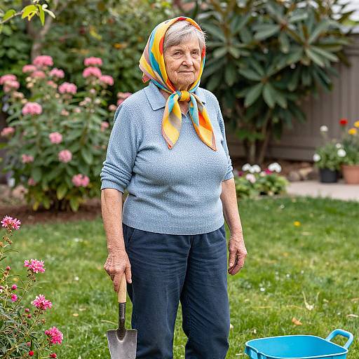 Photograph of elderly woman with gray hair, wearing colorful headscarf, light blue sweater, and black pants, standing in lush garden, holding t