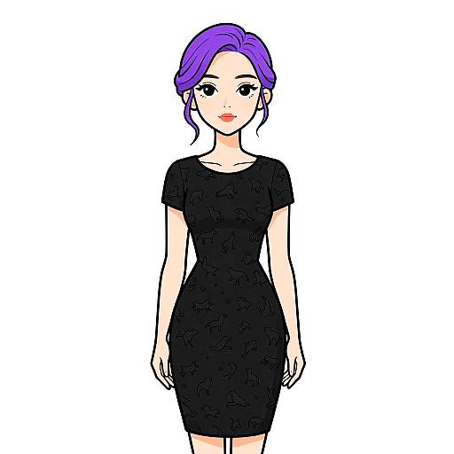 Digital drawing of a fair-skinned woman with purple hair in a bun, wearing a black short-sleeve dress, standing against a white background.
