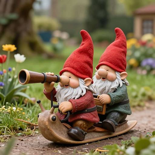 Photograph of two detailed gnome figurines with red hats, white beards, and brown shoes, playing a wooden slide whistle on a garden path surrounded