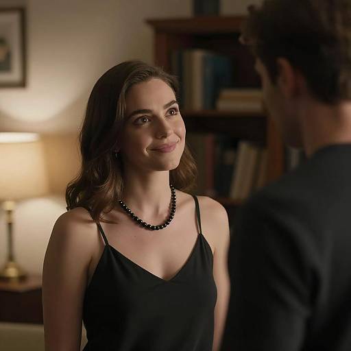 Woman smiling at man in dimly lit room