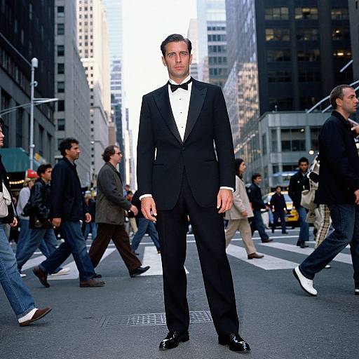 Photograph of a tall, handsome man in a black tuxedo with a white shirt and black bow tie, standing confidently in a bustling city street