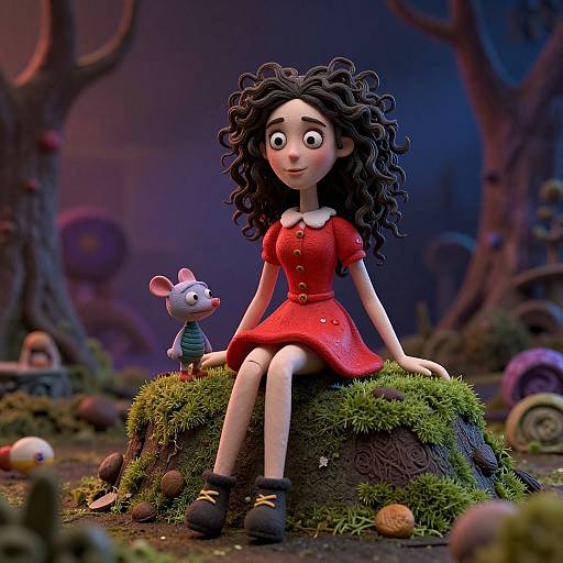 CGI image of a curly-haired girl in a red dress sitting on a mossy rock, with a small gray mouse beside her in a whimsical