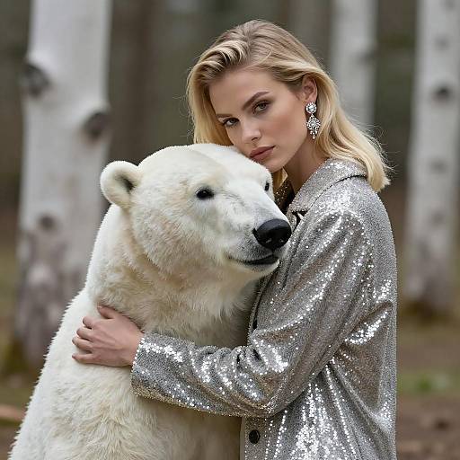 Elegant Woman Embracing Plush Polar Bear