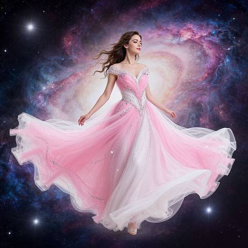 A beautiful woman in a flowing pink and white gown floats in space, surrounded by a colorful nebula, with stars twinkling in the background. Digital