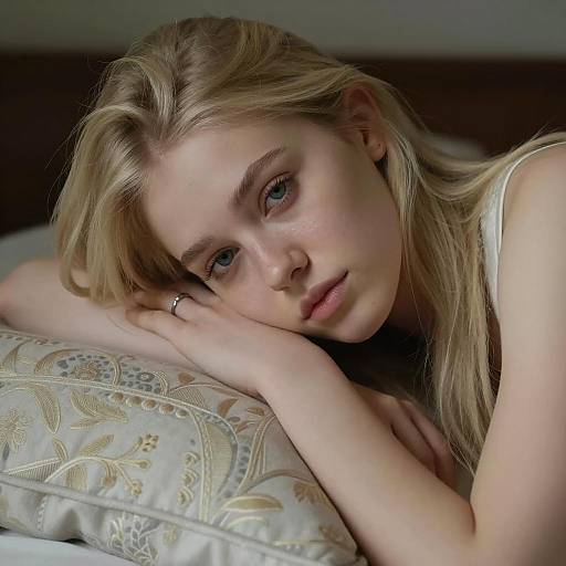 Somber Woman Portrait on Patterned Pillow