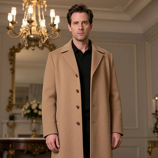 Photograph of a handsome, fair-skinned man with short brown hair, wearing a tan coat over a black shirt, standing in an elegant, warmly