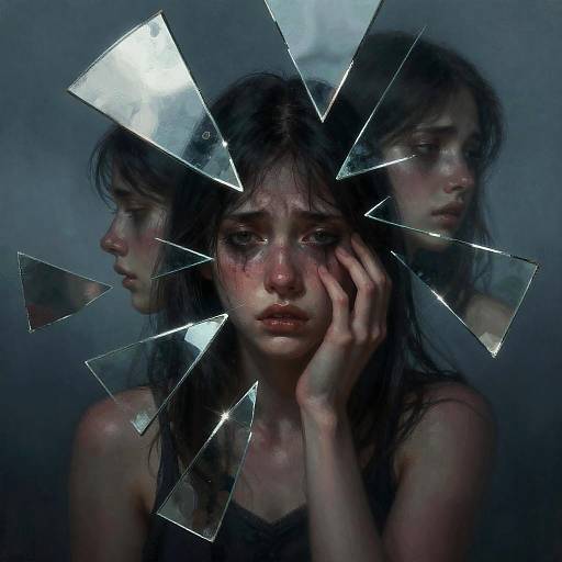 Emotional Woman with Fragmented Mirror Reflection