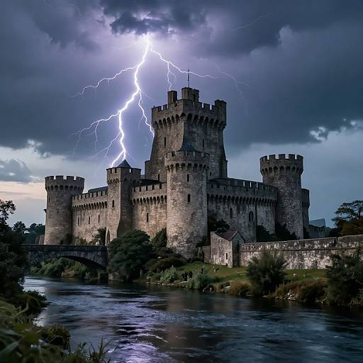 Photograph of a medieval stone castle struck by a vivid lightning bolt, set against a stormy, dark blue sky with a reflective river in the foreground
