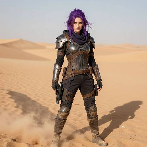 Digital art: Purple-haired warrior with spiky hair, silver armor, black pants, brown belt, and gun stands in a sandy desert.