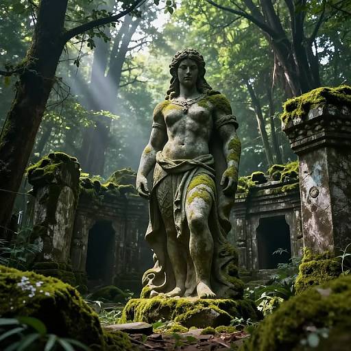 Mythical Warrior Statue in Forest Ruins