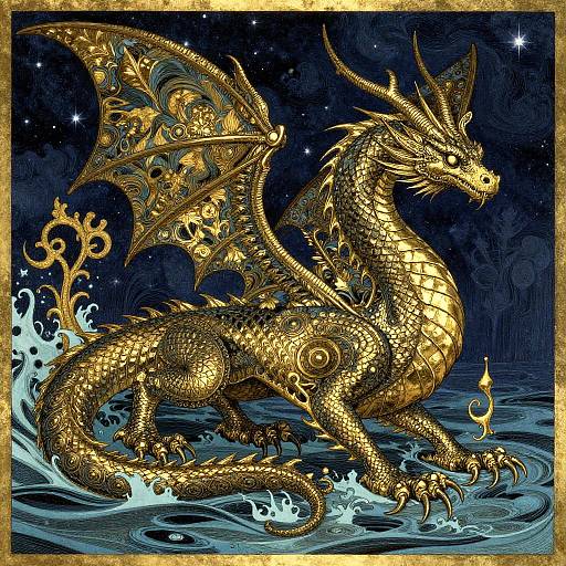 Golden, intricately detailed dragon with ornate wings, standing in blue waves, surrounded by stars; digital artwork with rich textures and vibrant colors.