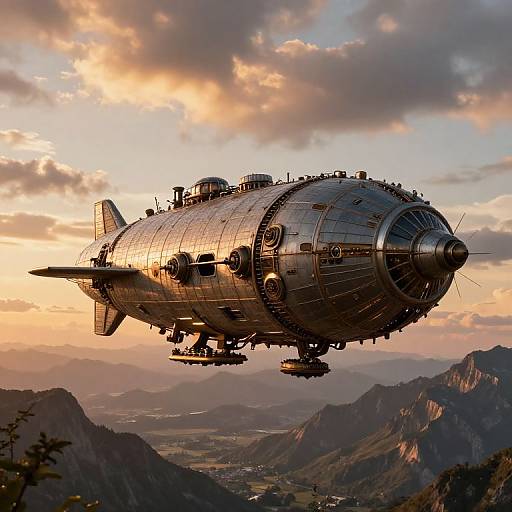Photorealistic digital artwork of a vintage, cylindrical airship with metallic textures, flying over a mountainous landscape at sunset.