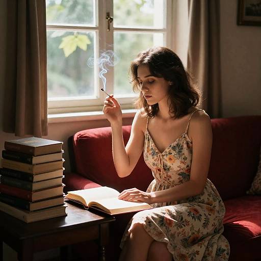Relaxing Woman Reading on Red Sofa