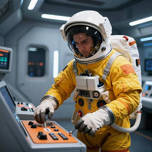 Futuristic Astronaut Working on Control Panel