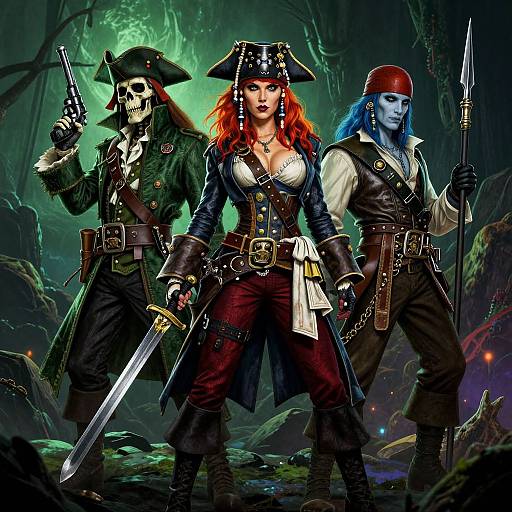Digital artwork of three fierce pirates: a skull-headed man with a gun, a red-haired woman with a sword, and a blue-skinned man with