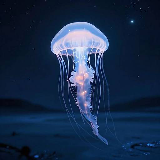 Glowing blue jellyfish with translucent, umbrella-like top and trailing tentacles, illuminated against a dark, starlit ocean night. Photographic image