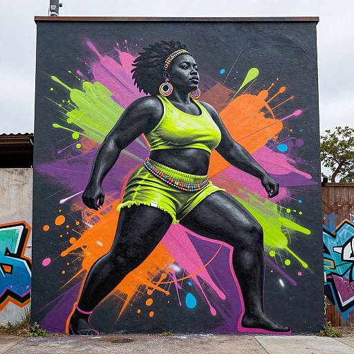 Vibrant mural of a muscular black woman with braided hair, wearing yellow shorts and crop top, surrounded by neon splashes, standing powerfully