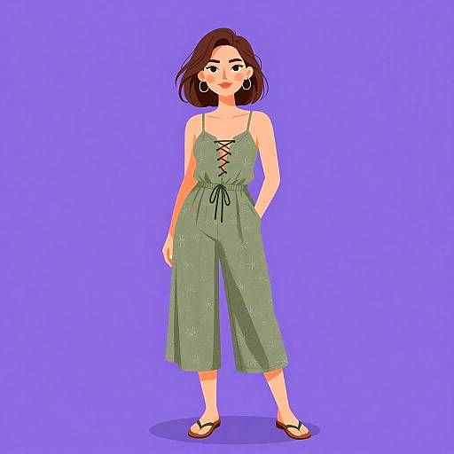 Woman in Olive Green Lace-Up Romper