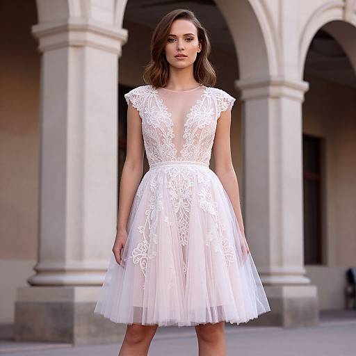 Photograph of a young woman with fair skin and brown hair, wearing a white lace, deep V-neck, short, flared dress, standing in
