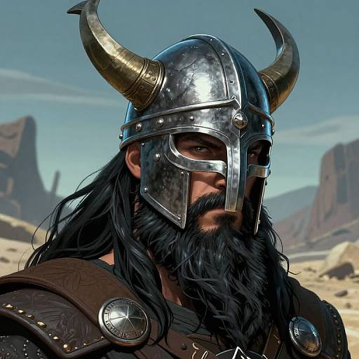 Digital artwork of a bearded Viking warrior with black hair, wearing a shiny metal helmet with gold horns, in a desert landscape.