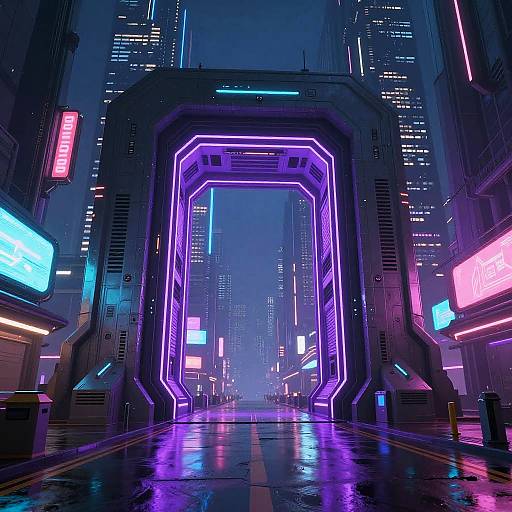 Neon-lit cyberpunk cityscape photograph: glowing purple and blue archway, wet street reflecting vibrant lights, futuristic skyscrapers, neon signs
