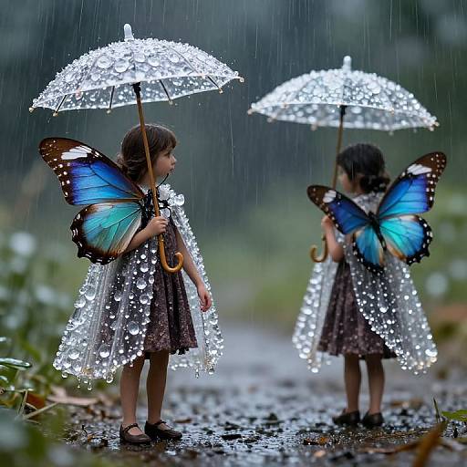Photograph of two young girls with blue butterfly wings, wearing sparkly dresses and holding glowing umbrellas, standing in a rainy garden path.